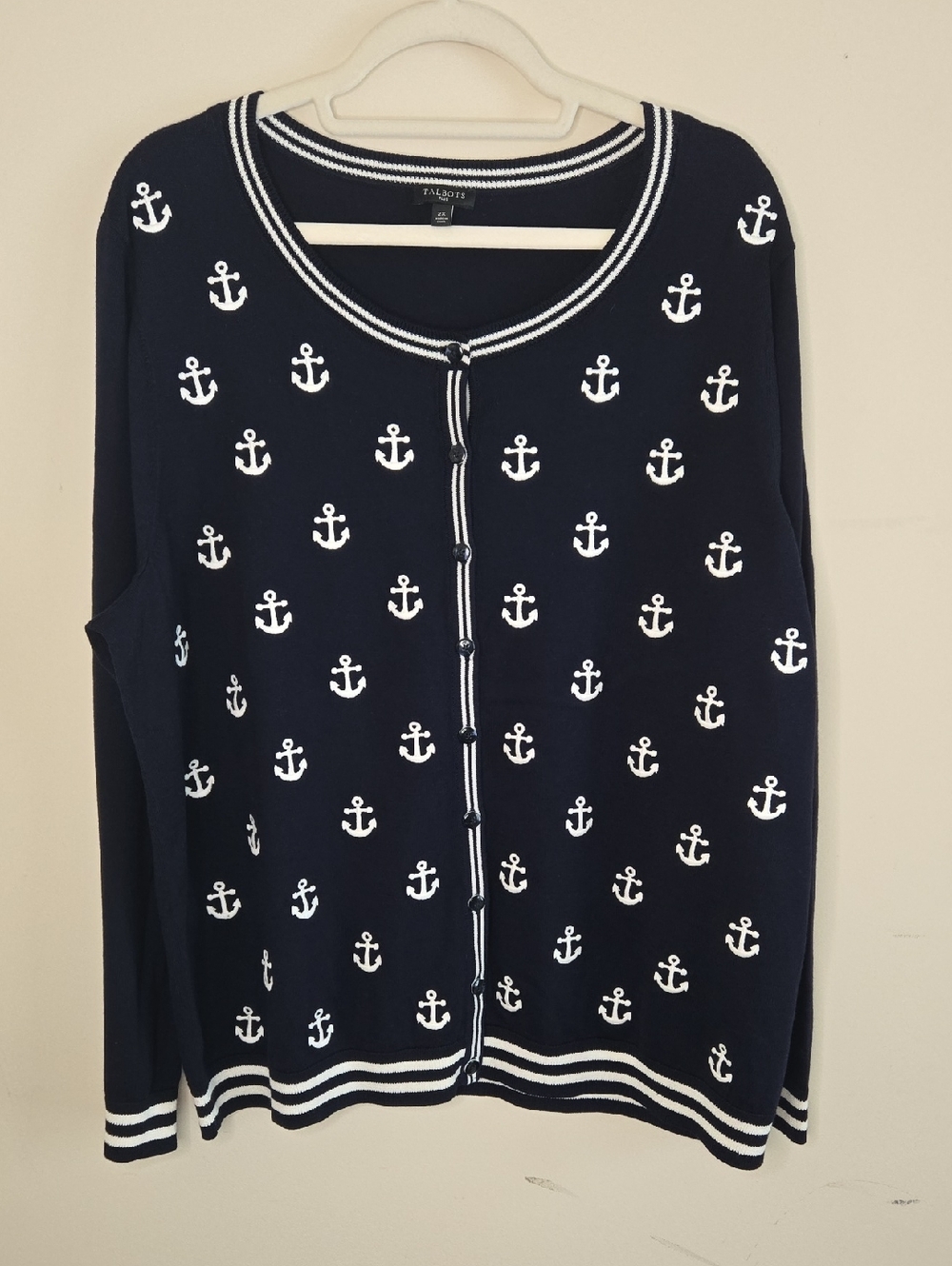 Talbots Navy Anchor Cardigan Sweater Coastal Grandmother Nautical Prep 2X - Picture 2 of 9